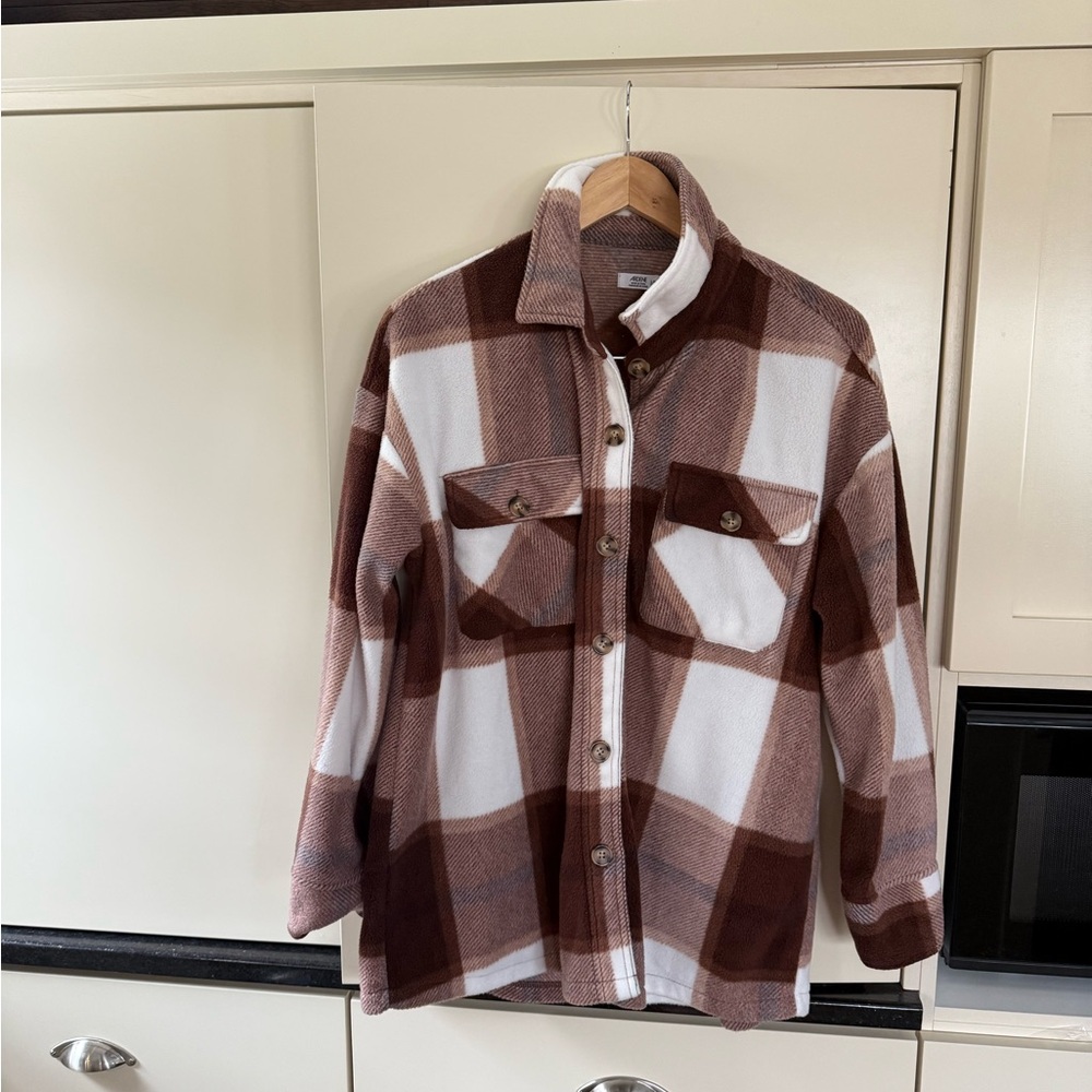 Reddish Brown and White Plaid Button-Up Shirt